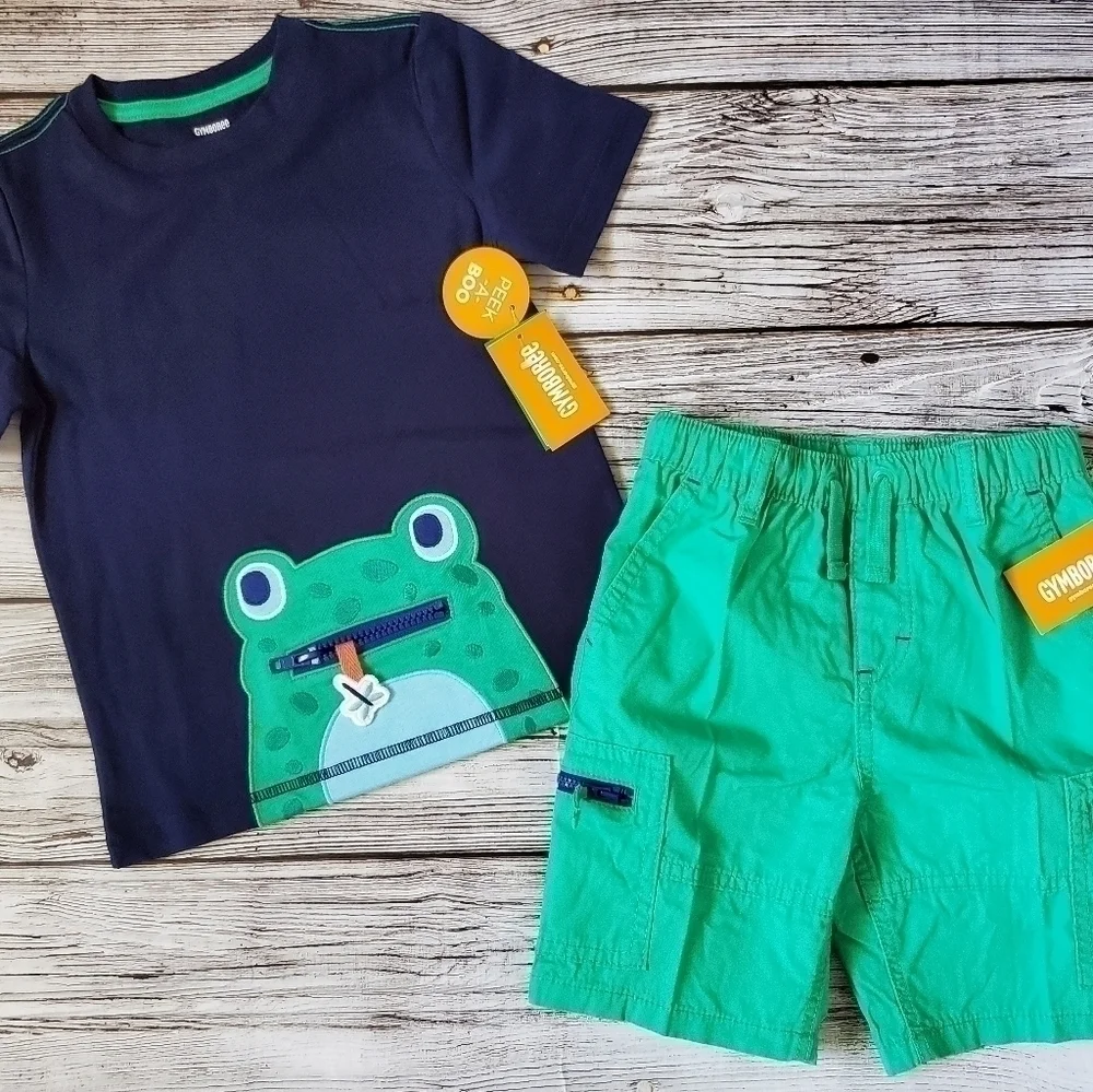 Gymboree Critter Camp Embroidered Frog T-Shirt, Shorts, and Hat Set NWT